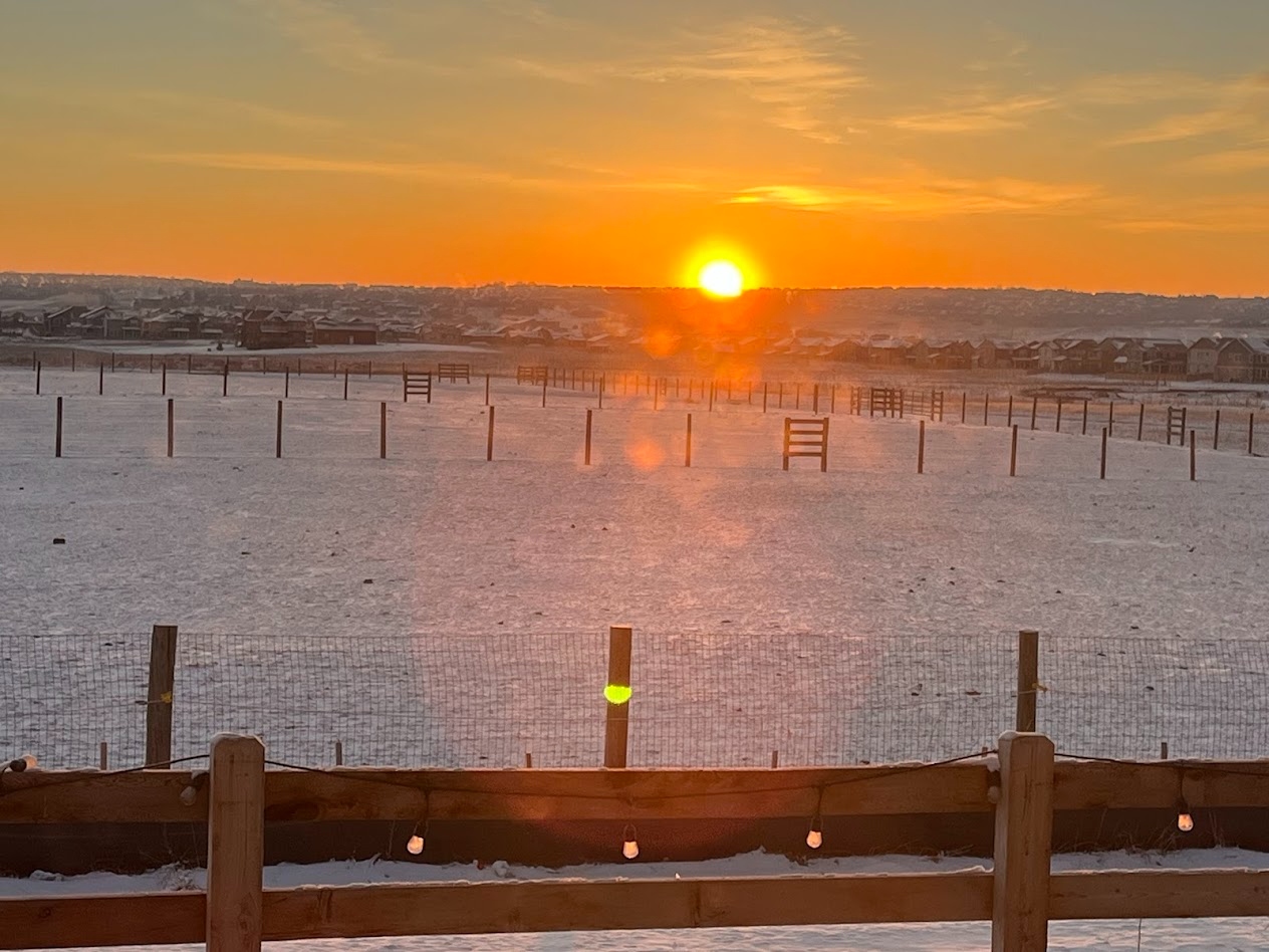 Sunrise over snowy open land behind the backyard fence